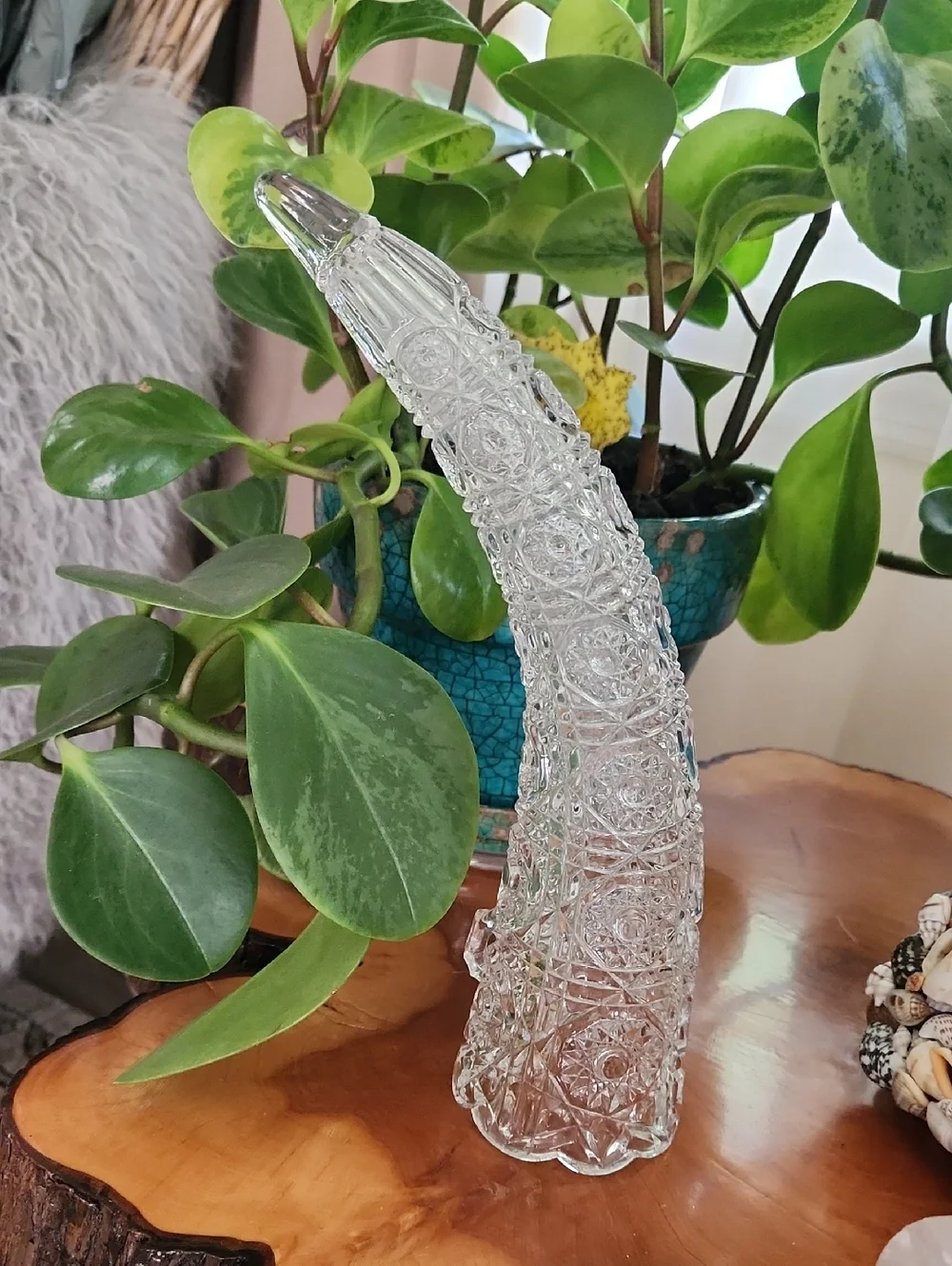 EAPG Glass Hanging Cornucopia Horn Vase Epergne Hobstar Daisy